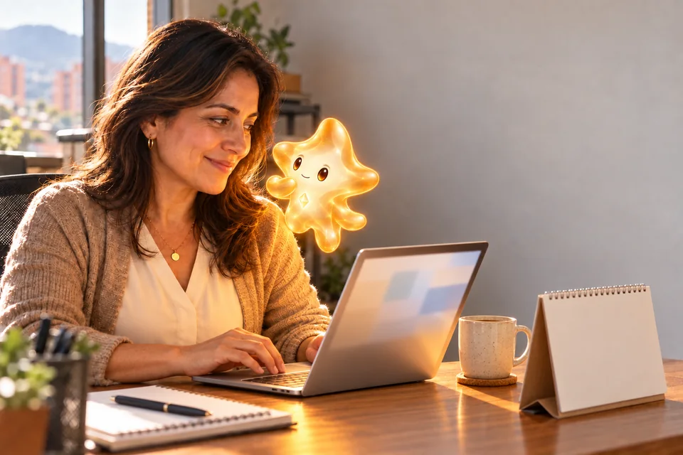 An adviser reviews an interested person’s profile on her laptop while the Lumy that helps understand customers, Prisma, floats beside her.