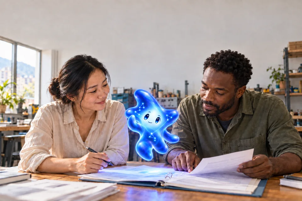 Two colleagues from the business review printed reports to decide what to try next, while the Lumy that turns evidence into findings, Nova, floats between them.